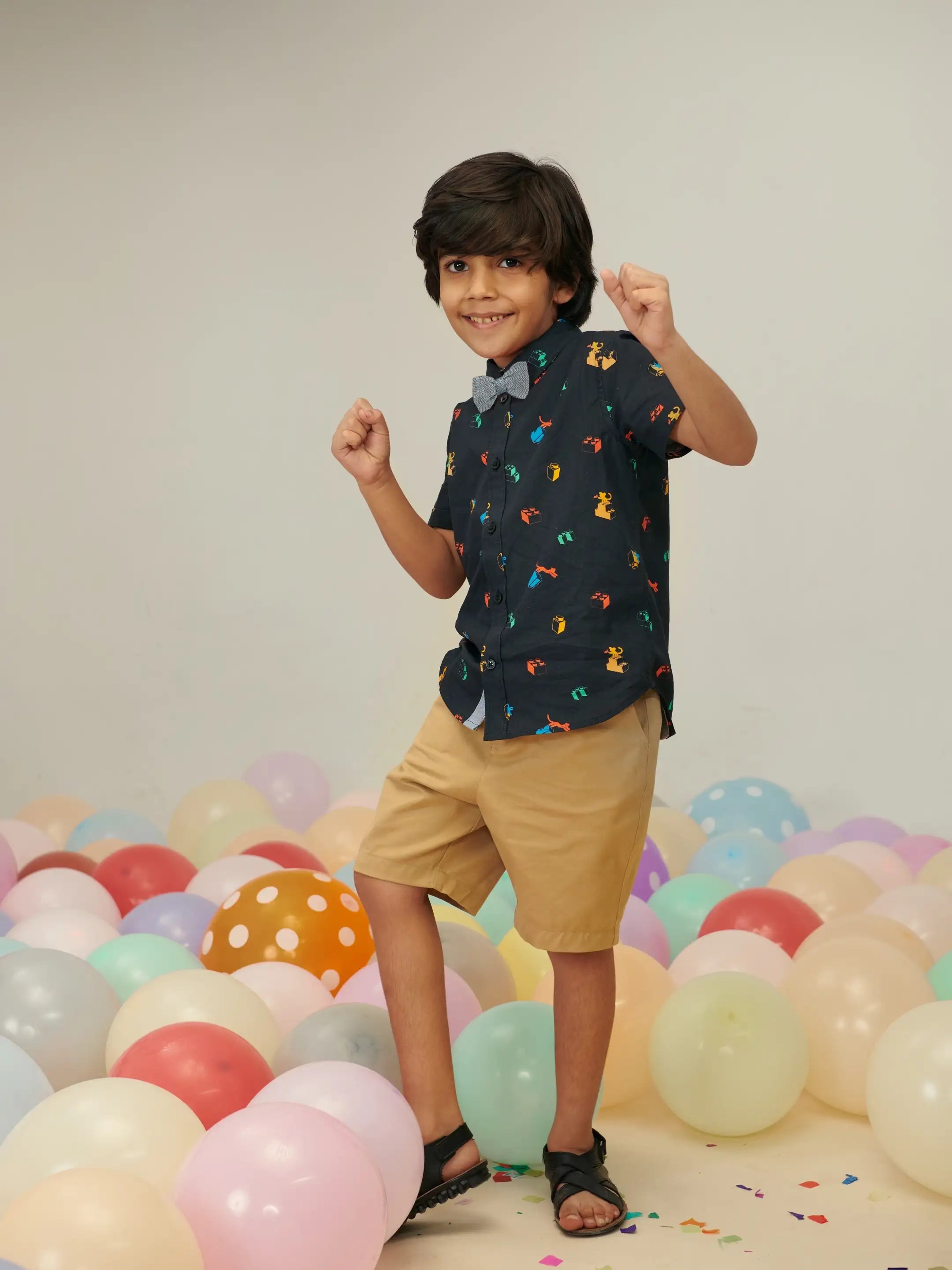Black Printed Shirt & Shorts With Bow Somersault