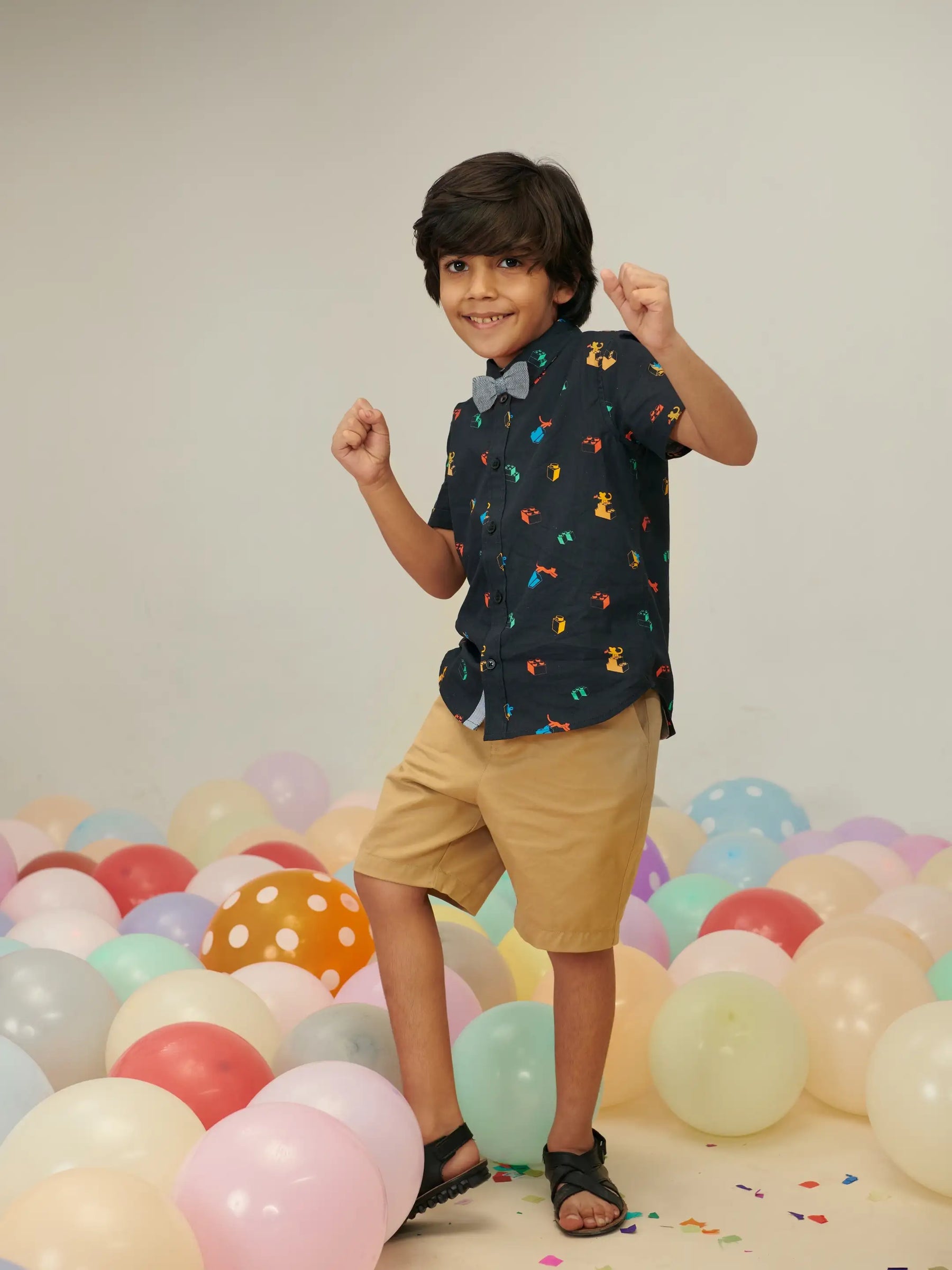 Black Printed Shirt & Shorts With Bow Somersault