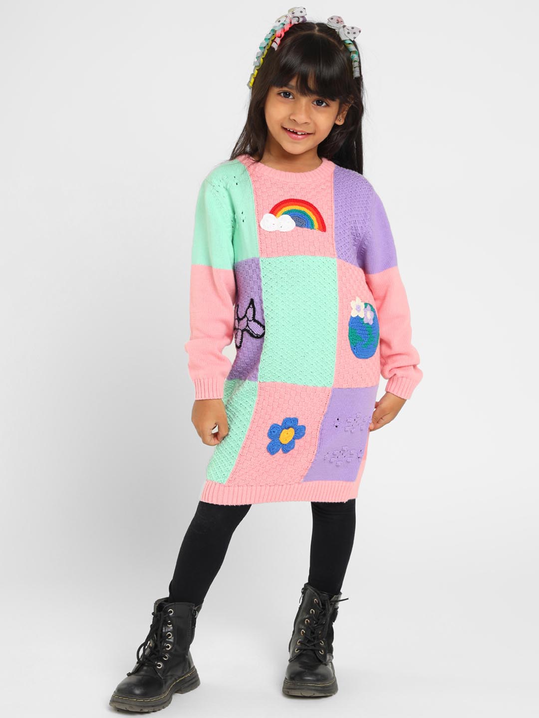 Color Patch Crocheted Sweater Dress
