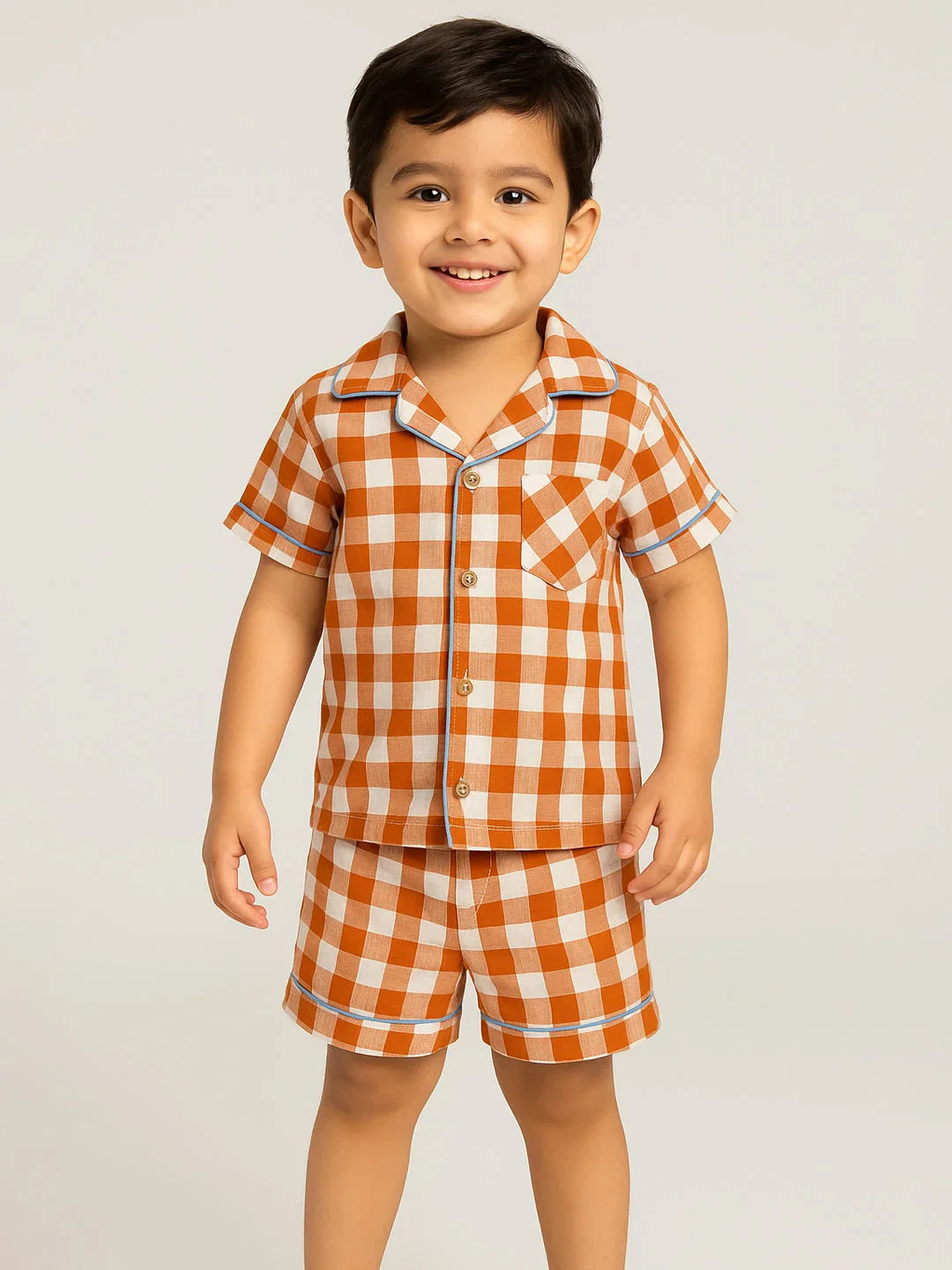 Brown Sugar Gingham Cotton Shirt & Shorts Pyjama Set
