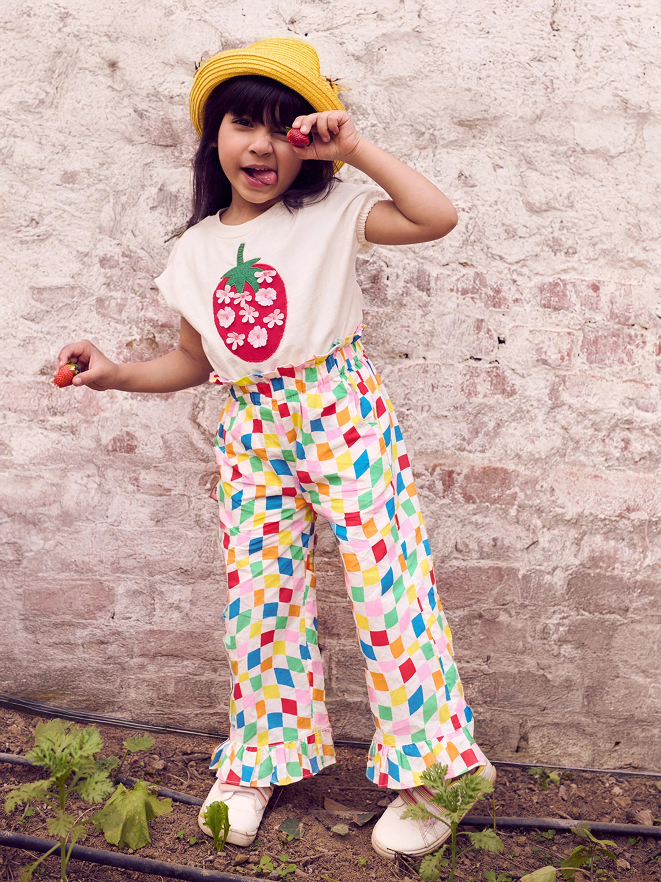 Embroidered Top with Checkered Pant