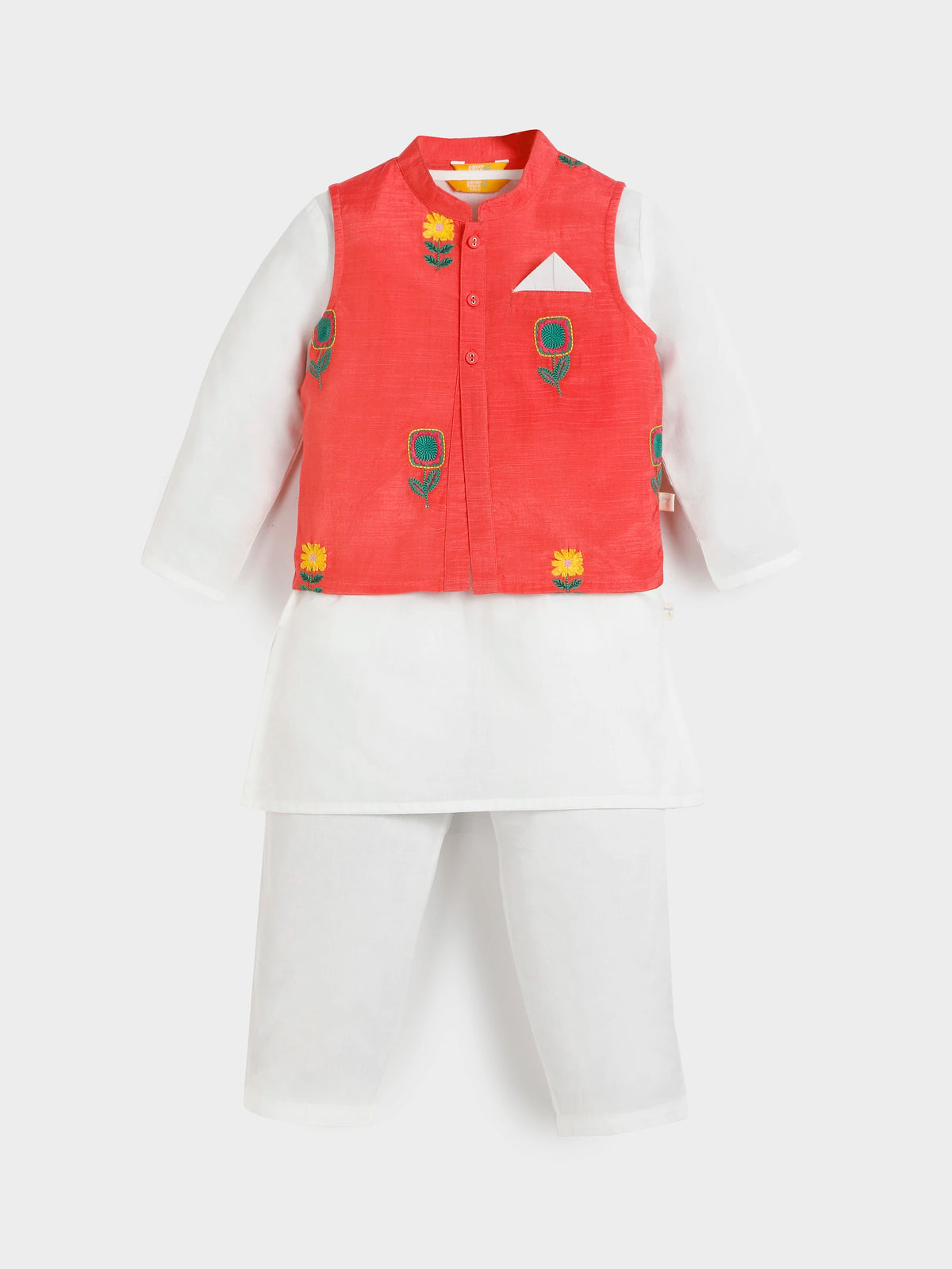 White Kurta Pajama with Pink Jacket Set