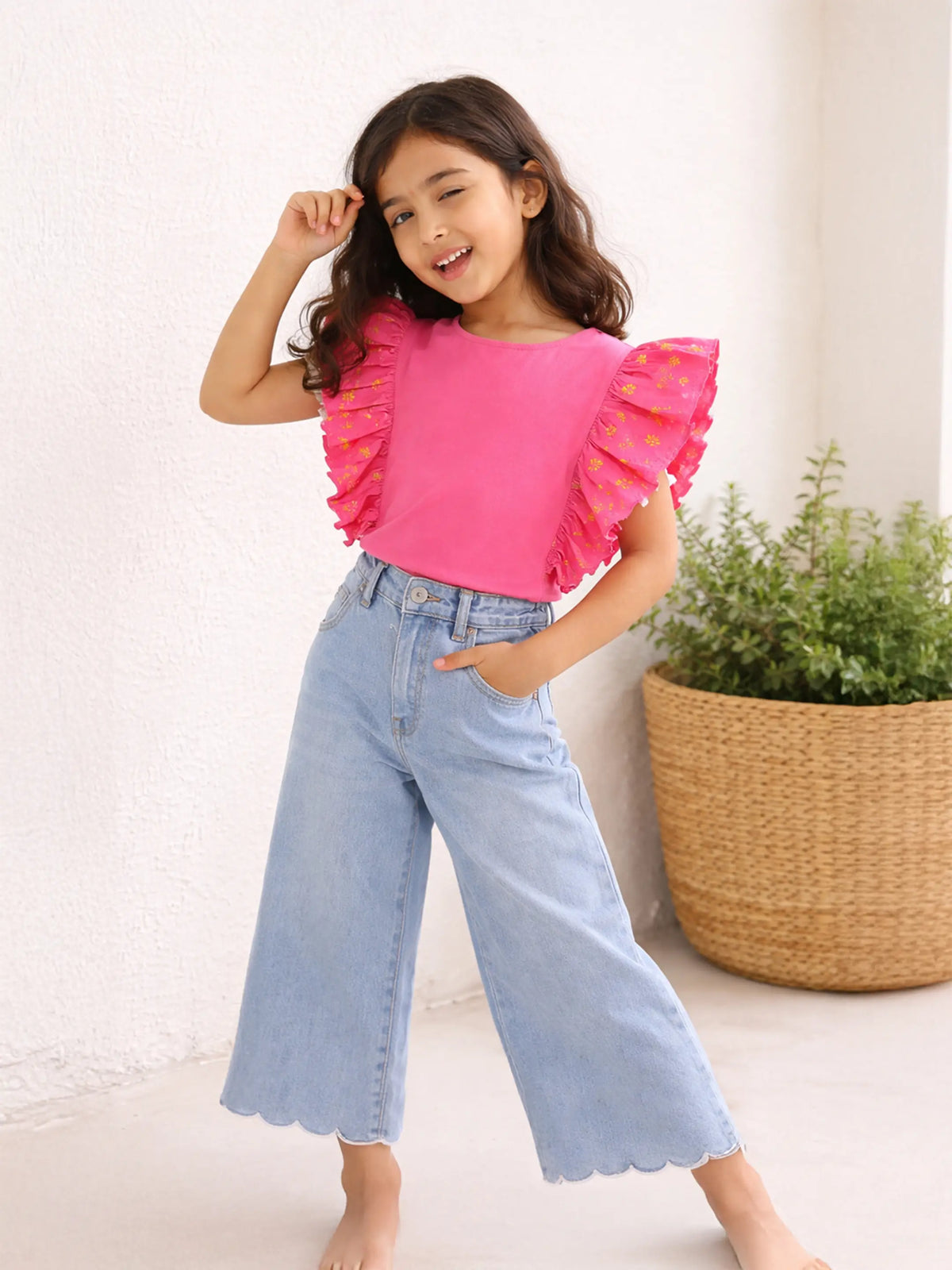 Flutter Sleeve Top & Scallop Denim Set
