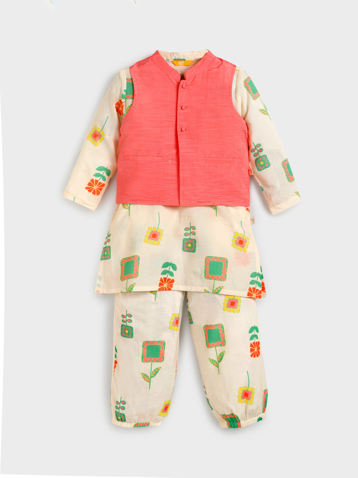 Floral Kurta Set with Pink Nehru Jacket