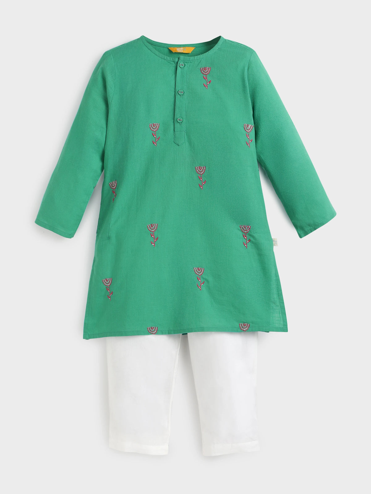 Embroidered Green Cotton Kurta Pajama Set