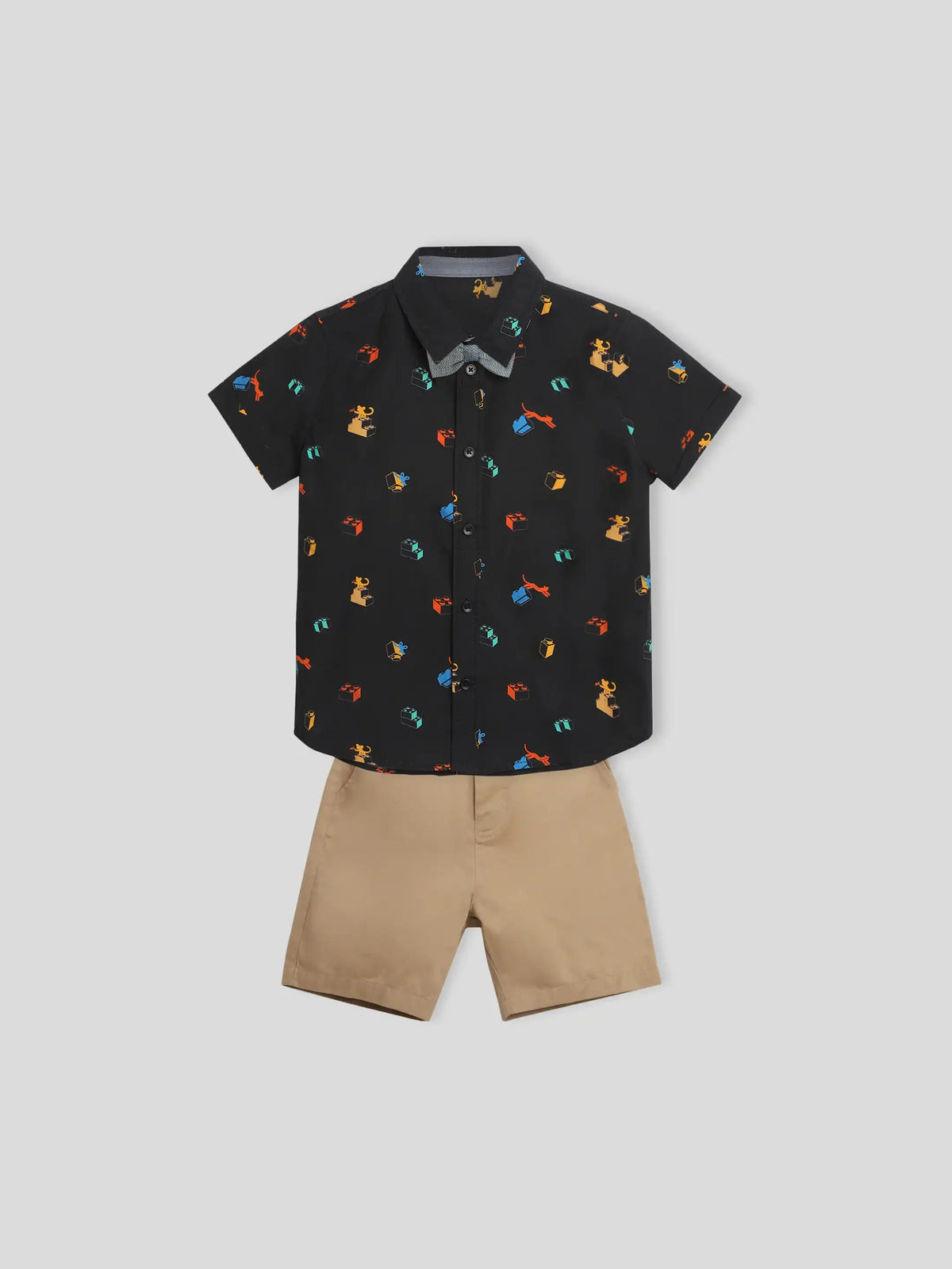 Black Printed Shirt & Shorts With Bow Somersault