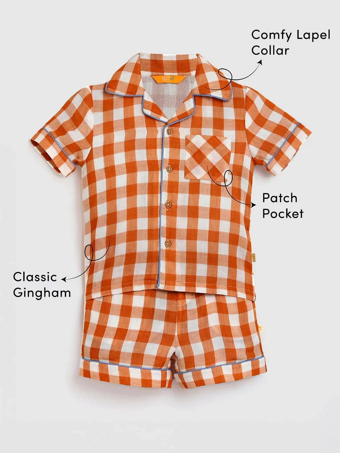 Brown Sugar Gingham Cotton Shirt & Shorts Pyjama Set