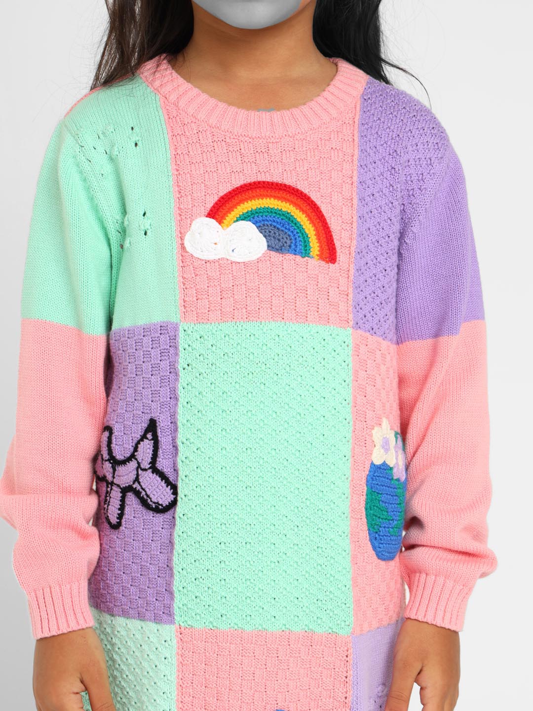 Color Patch Crocheted Sweater Dress