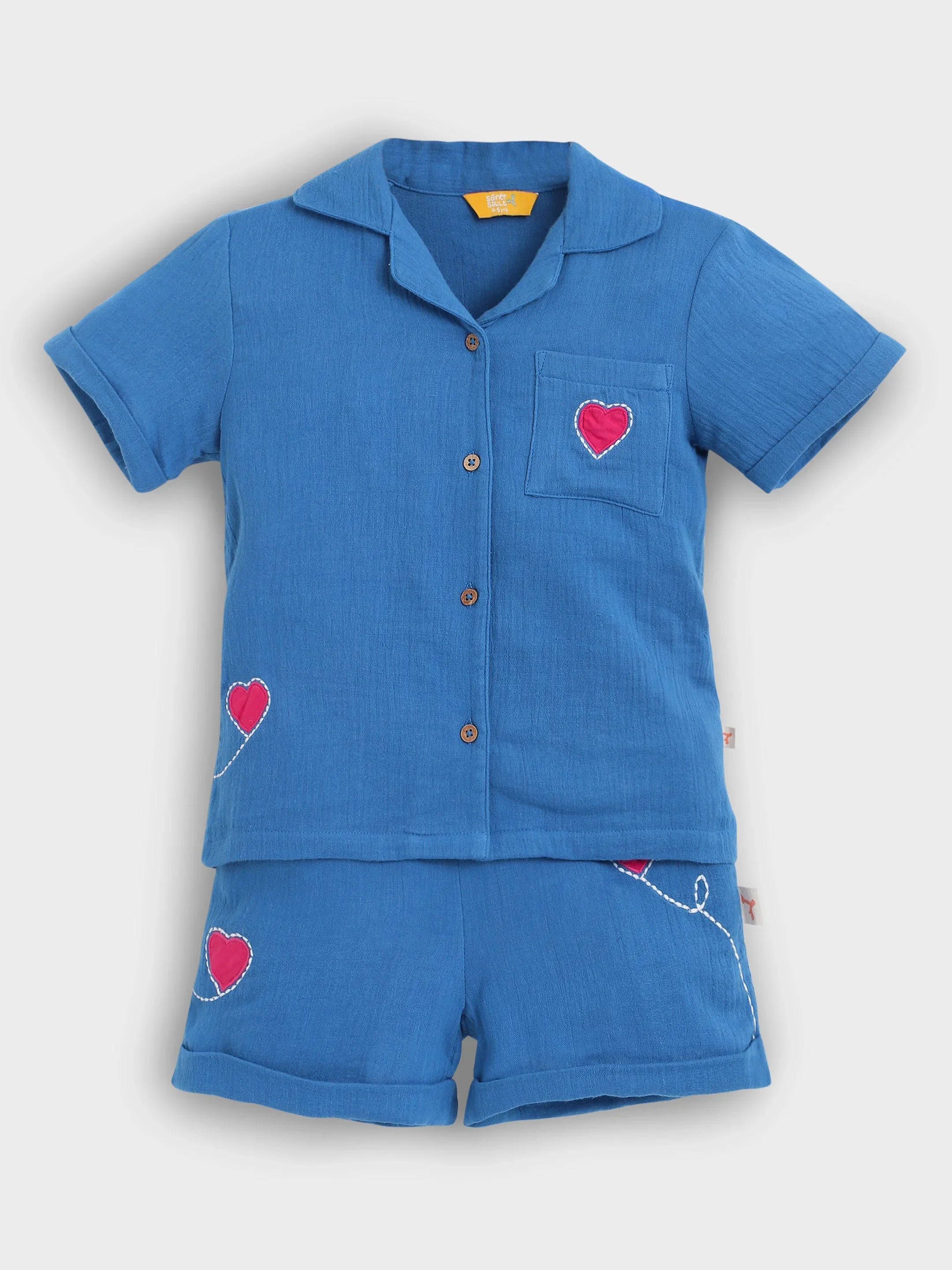 Blue Heart Patch Shirt & Shorts Co-Ord Set