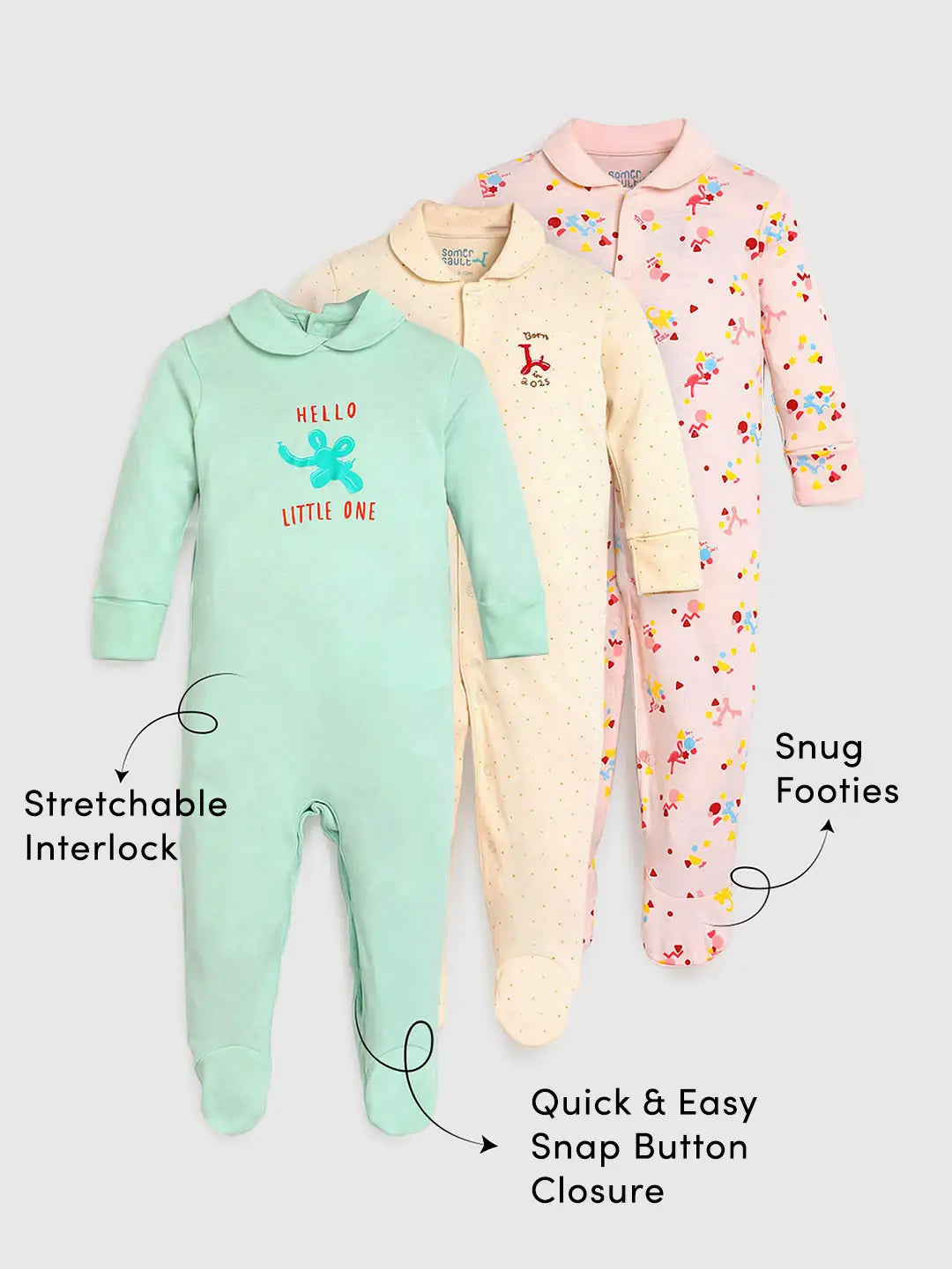 Footed Cotton Sleepsuit- Pack of 3