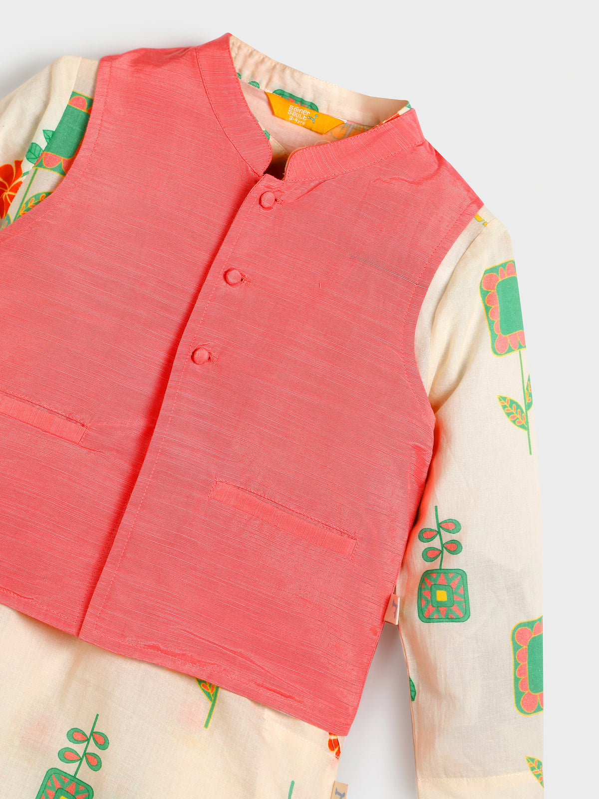 Floral Kurta Set with Pink Nehru Jacket
