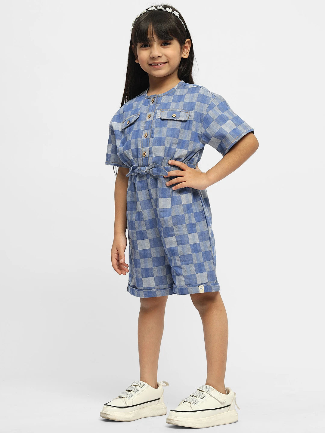 Hop Hop Checked Cotton Denim Romper