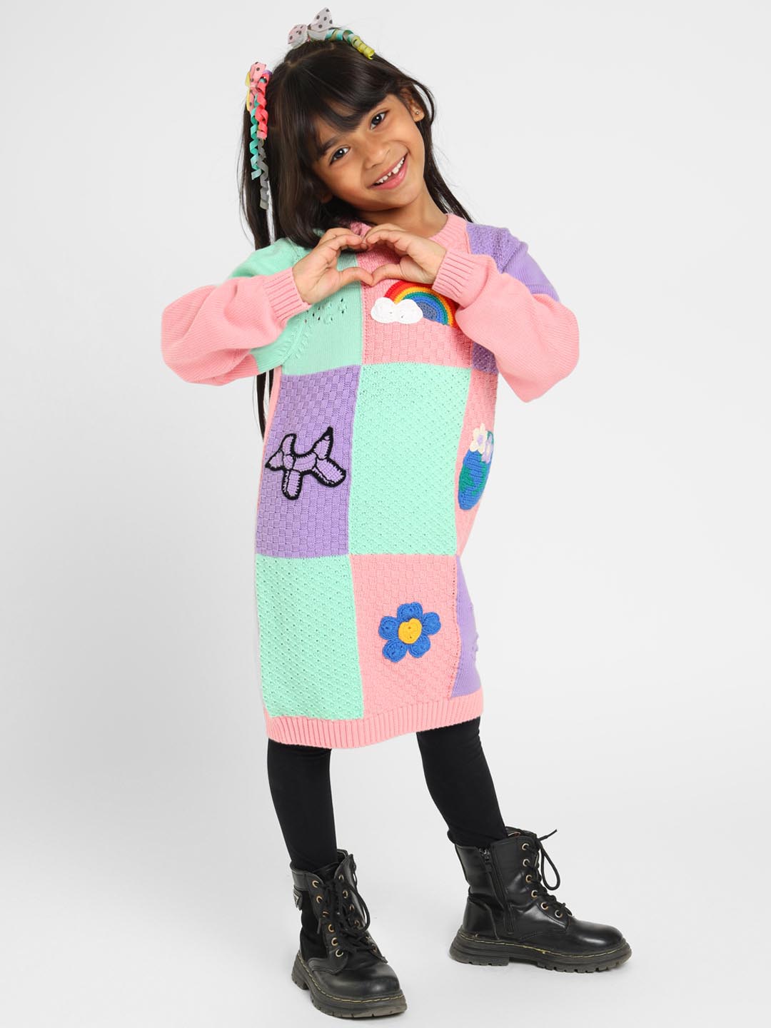 Color Patch Crocheted Sweater Dress