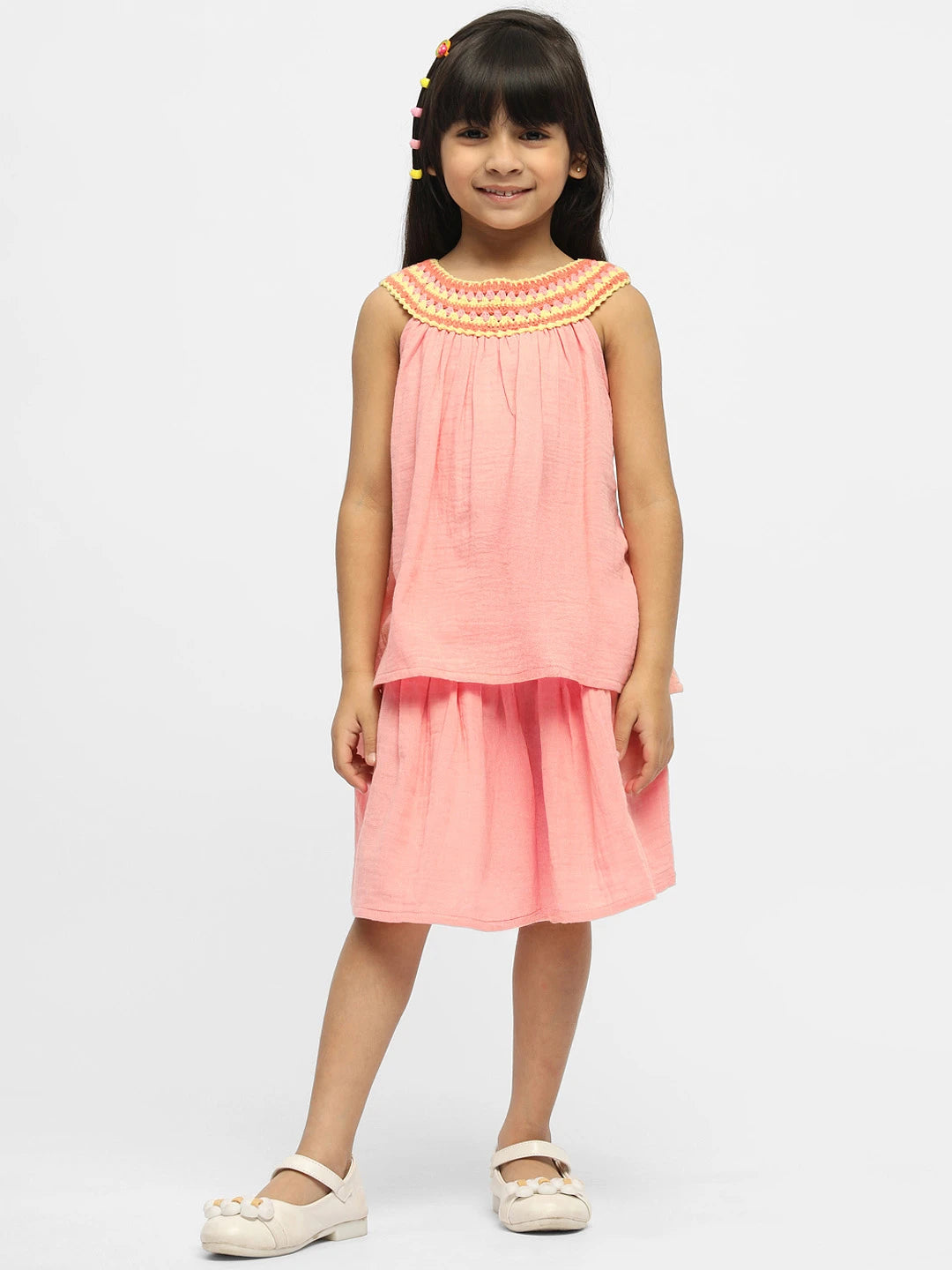 Coral Crocheted Cotton Top & Skirt Set