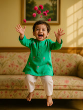 Embroidered Green Cotton Kurta Pajama Set