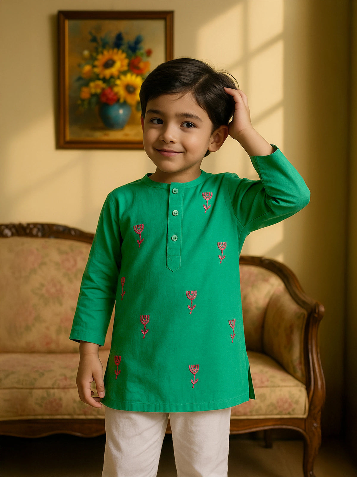 Embroidered Green Cotton Kurta Pajama Set