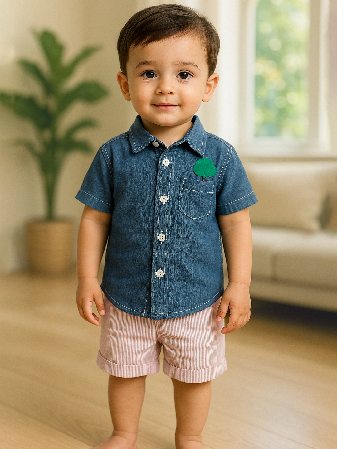 Happy Tree Cotton Shirt & Striped Shorts Set