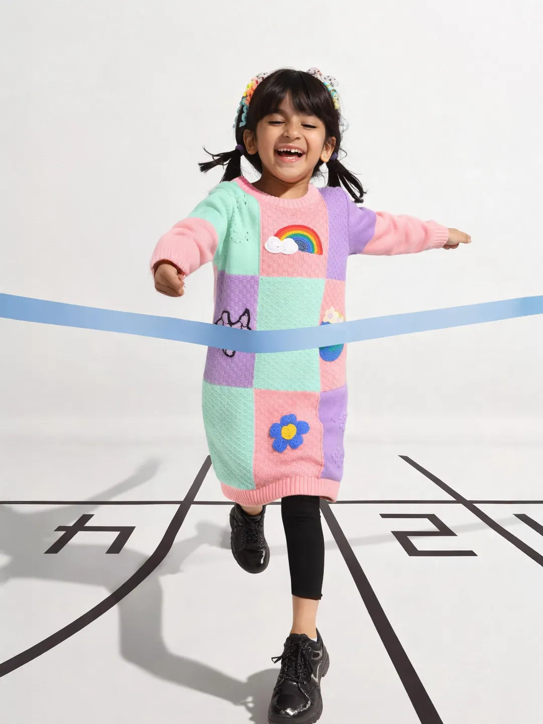 Color Patch Crocheted Sweater Dress