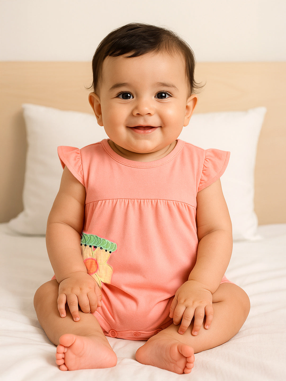 Flower Caterpillar Embroidered Cotton Romper