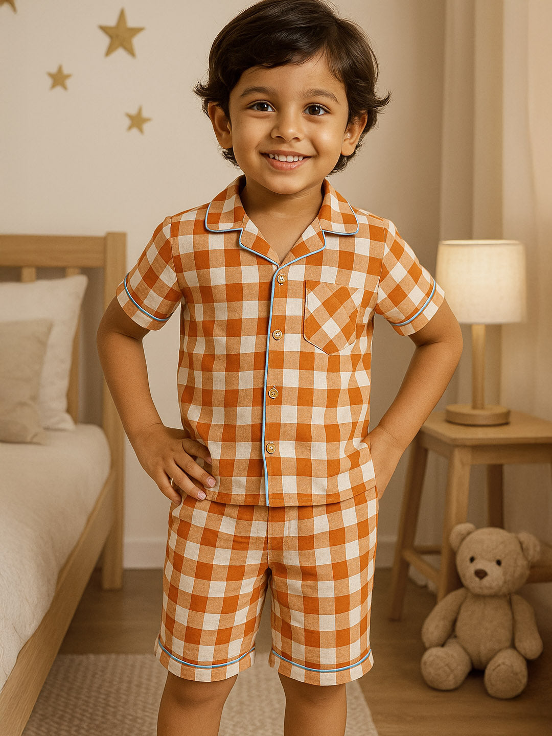 Brown Sugar Gingham Cotton Shirt & Shorts Pyjama Set