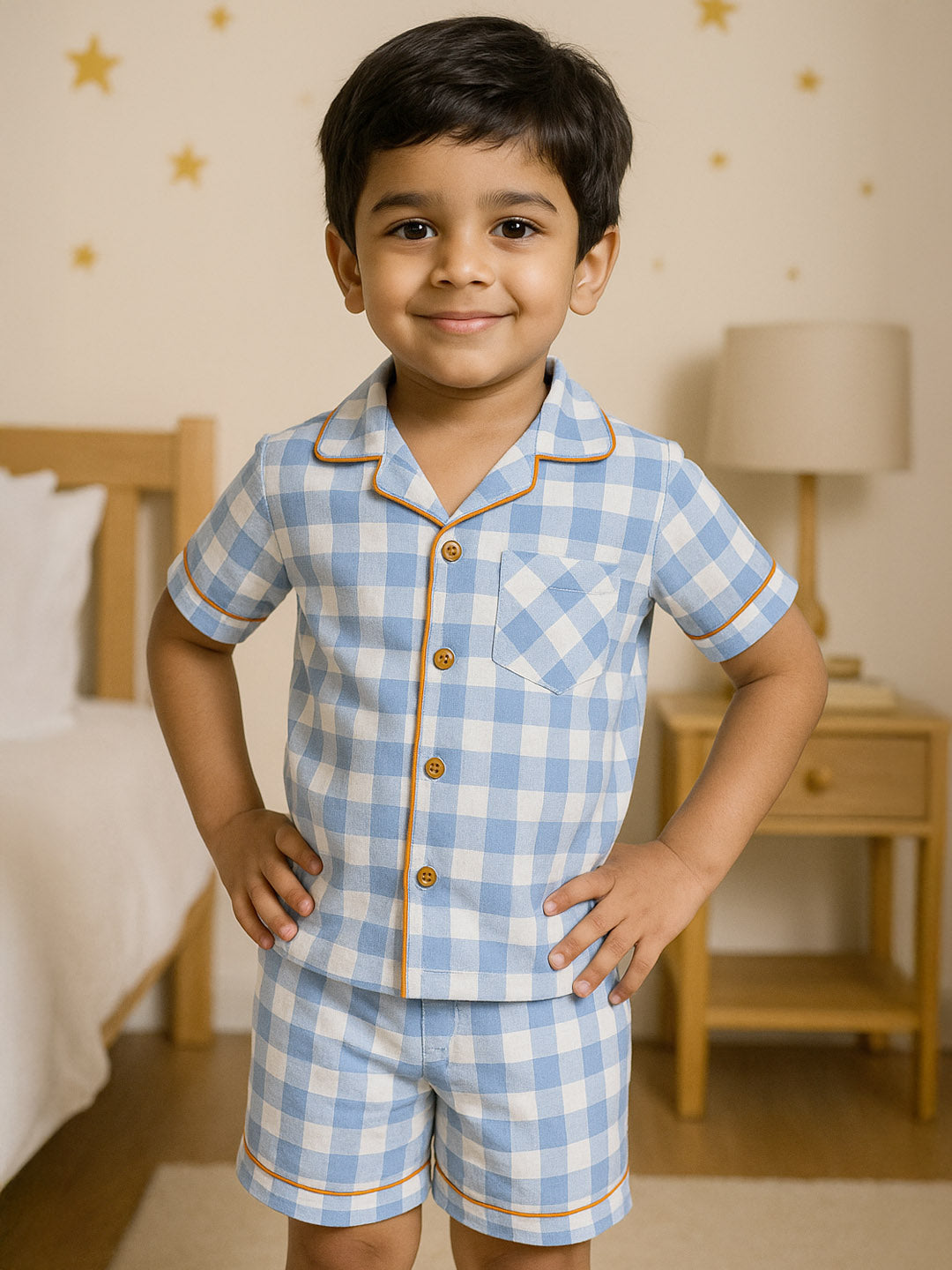 Ocean Gingham Cotton Shirt & Shorts Pyjama Set