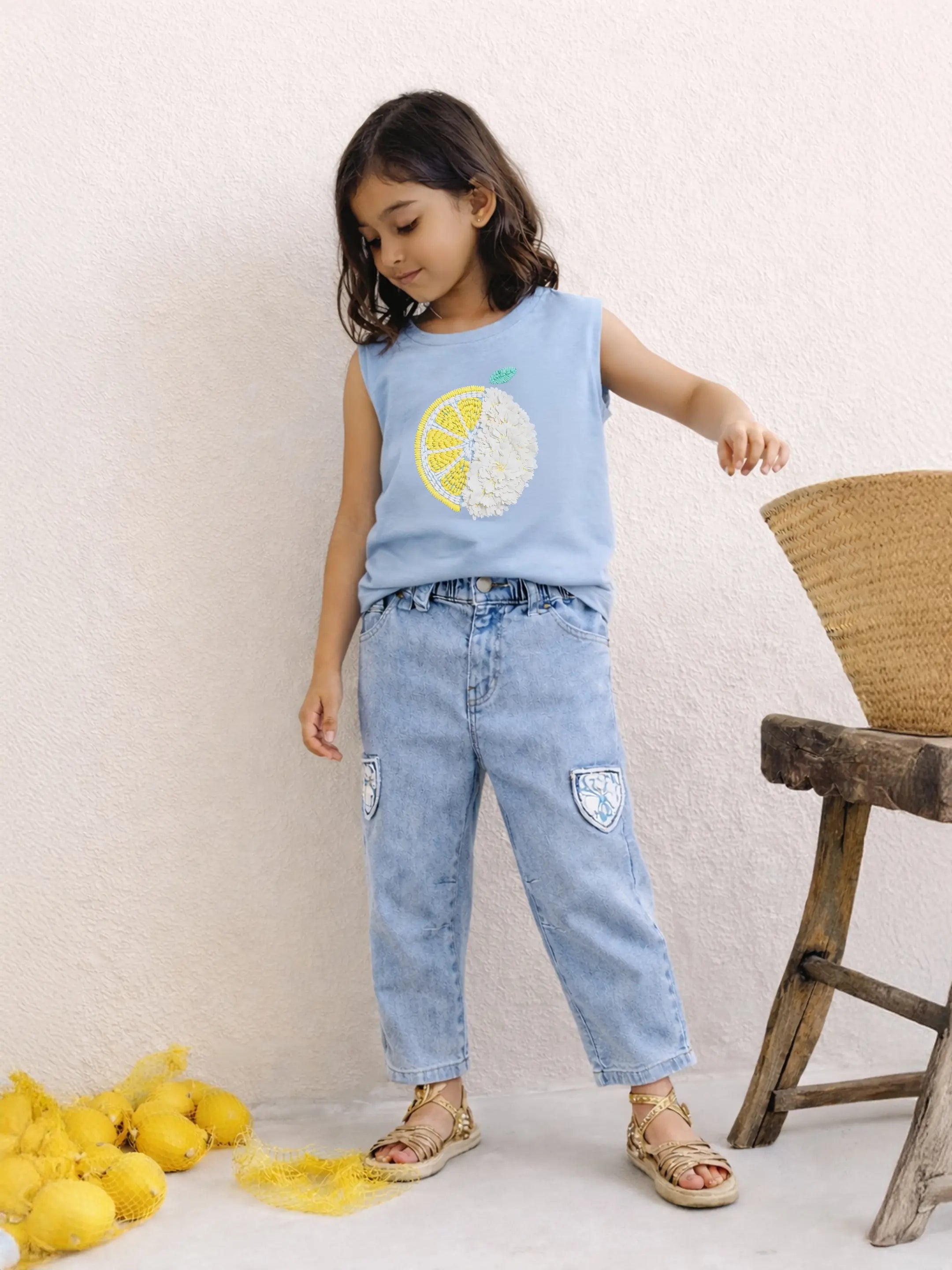 Lemon Applique Sleeveless Top & Denim Set