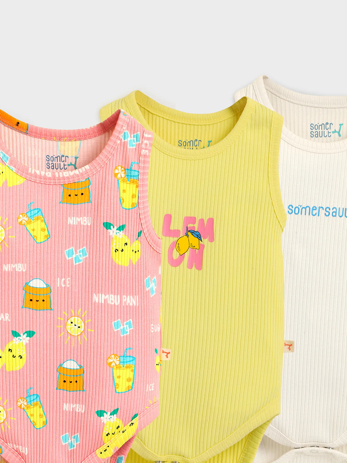 Playful Print & Solid Sleeveless Baby Bodysuit of Pack of 3