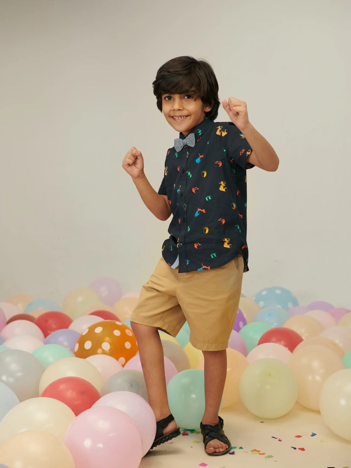Black Printed Shirt & Shorts With Bow Somersault