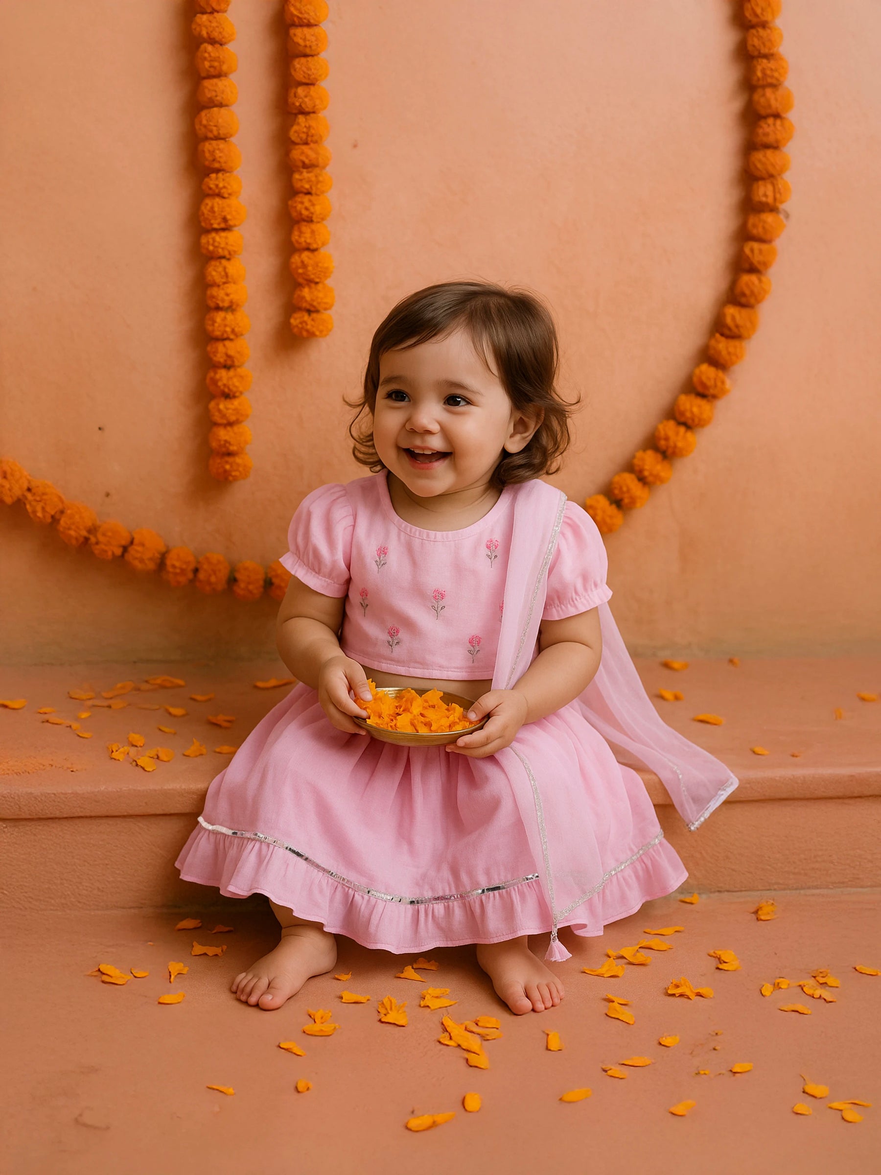 Pink Crop Top Skirt Dupatta Set