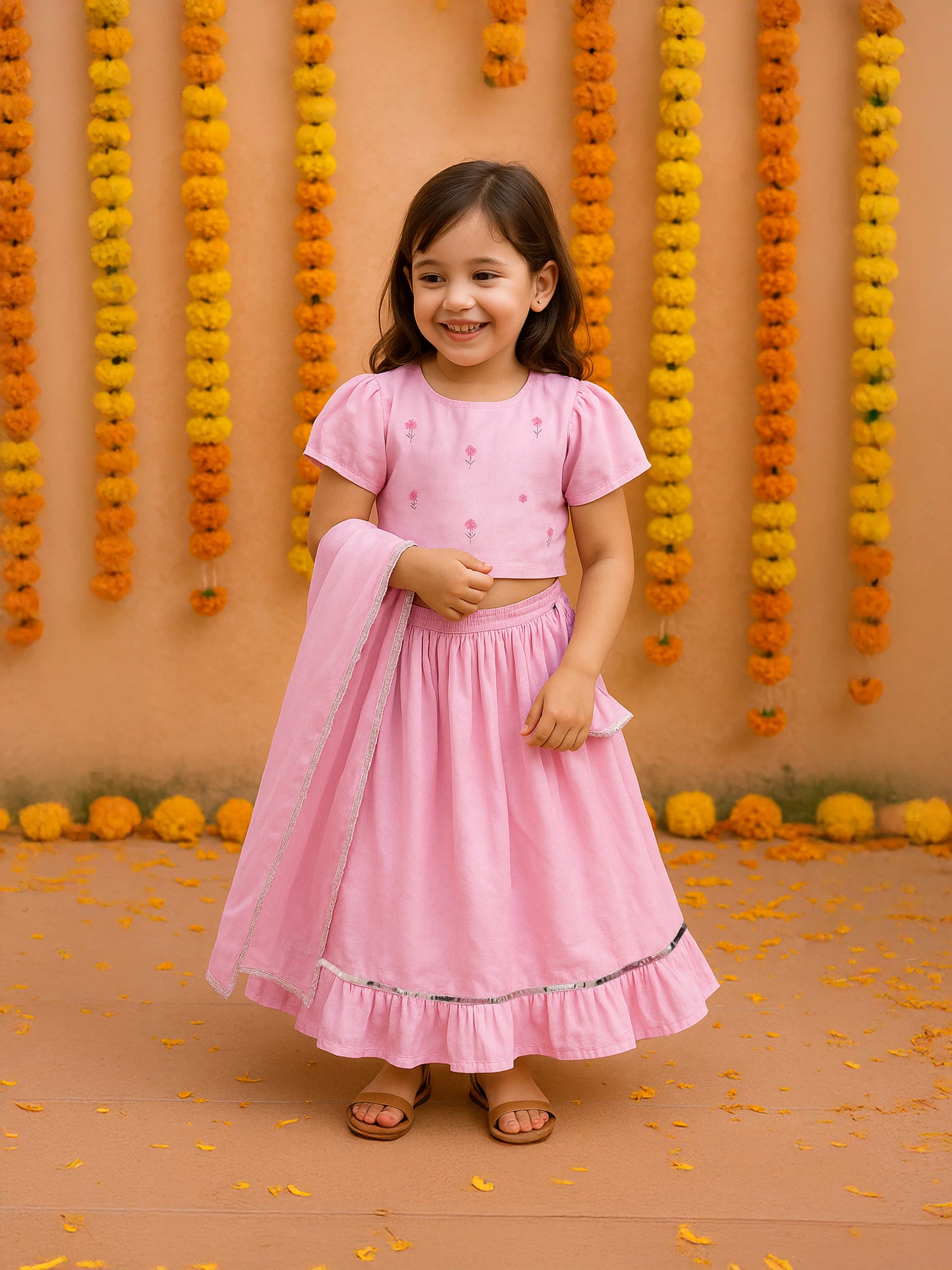 Pink Crop Top Skirt Dupatta Set