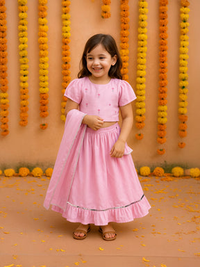 Pink Crop Top Skirt Dupatta Set