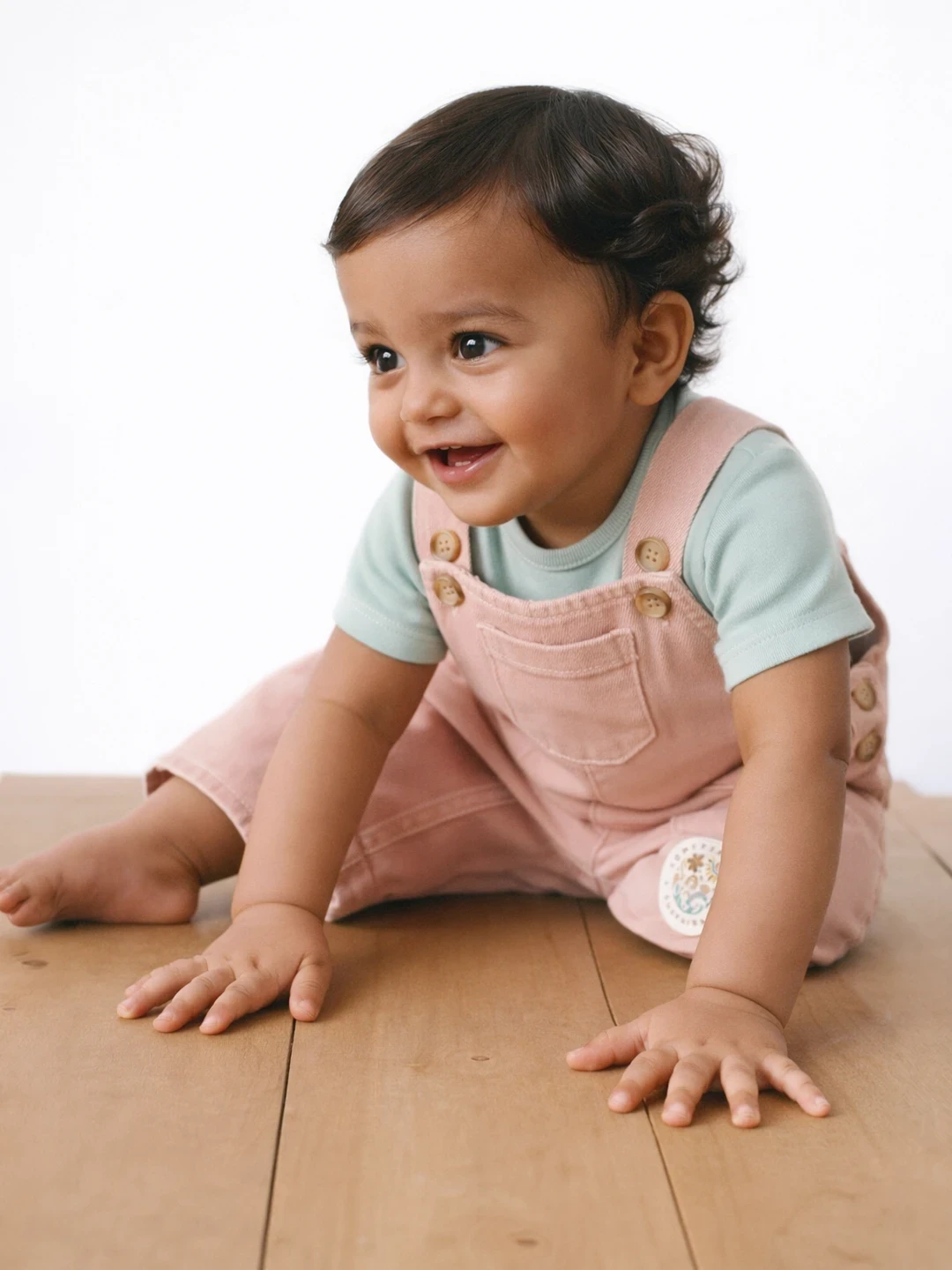 Pink Natural Dungaree With Green Tee