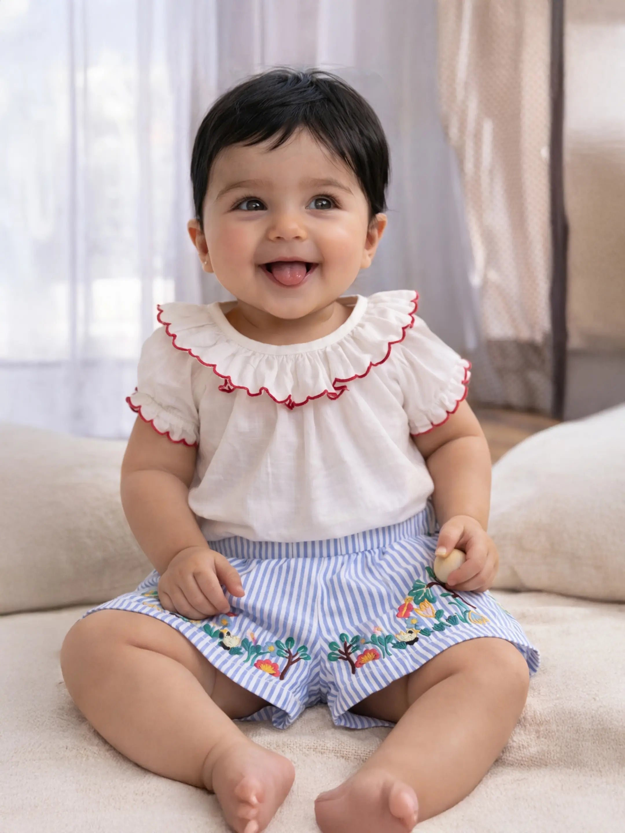 Frill Top and Embroidered Shorts Set