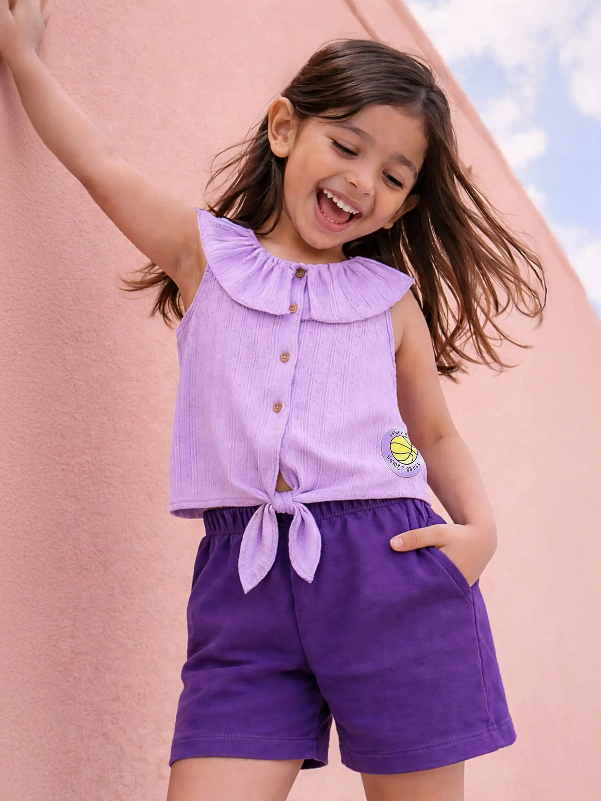 Lavender Frill Tie-Up Top & Purple Shorts Co-ord Set