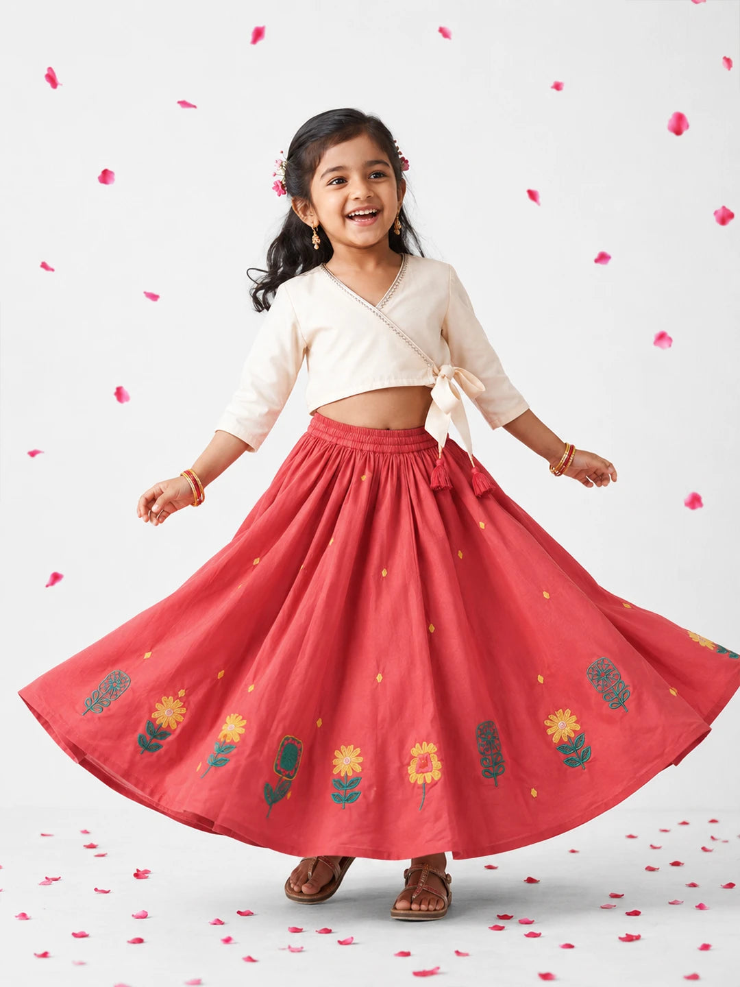 Embroidered Rayon Wrap Top Skirt Set