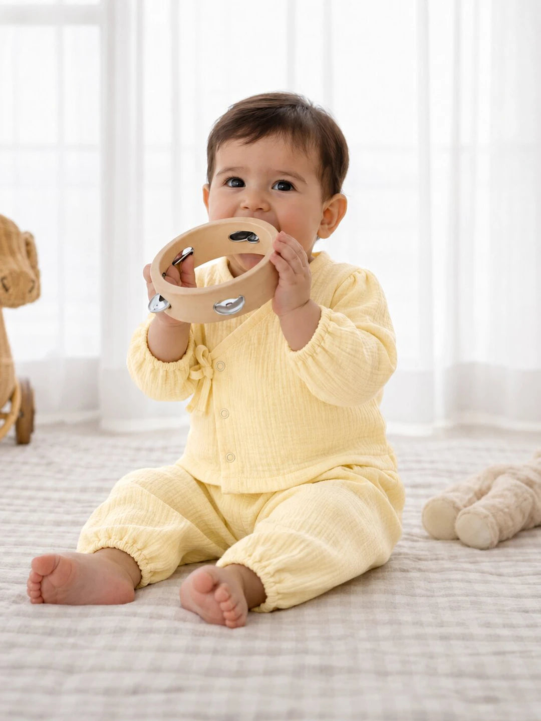 Solid Yellow Muslin Jhabla Set