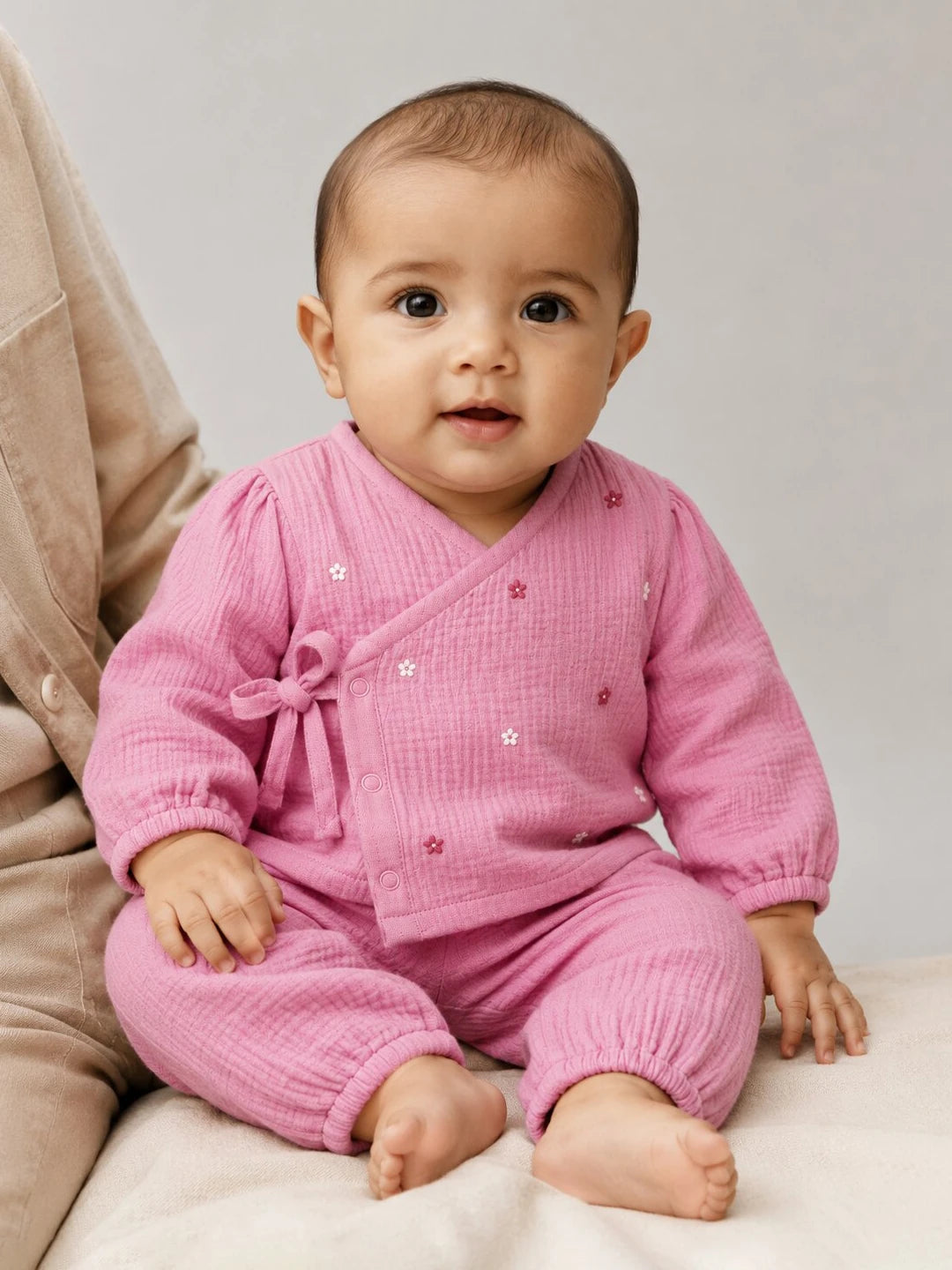 Embroidered Pink Muslin Jhabla Set