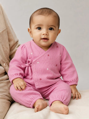 Embroidered Pink Muslin Jhabla Set