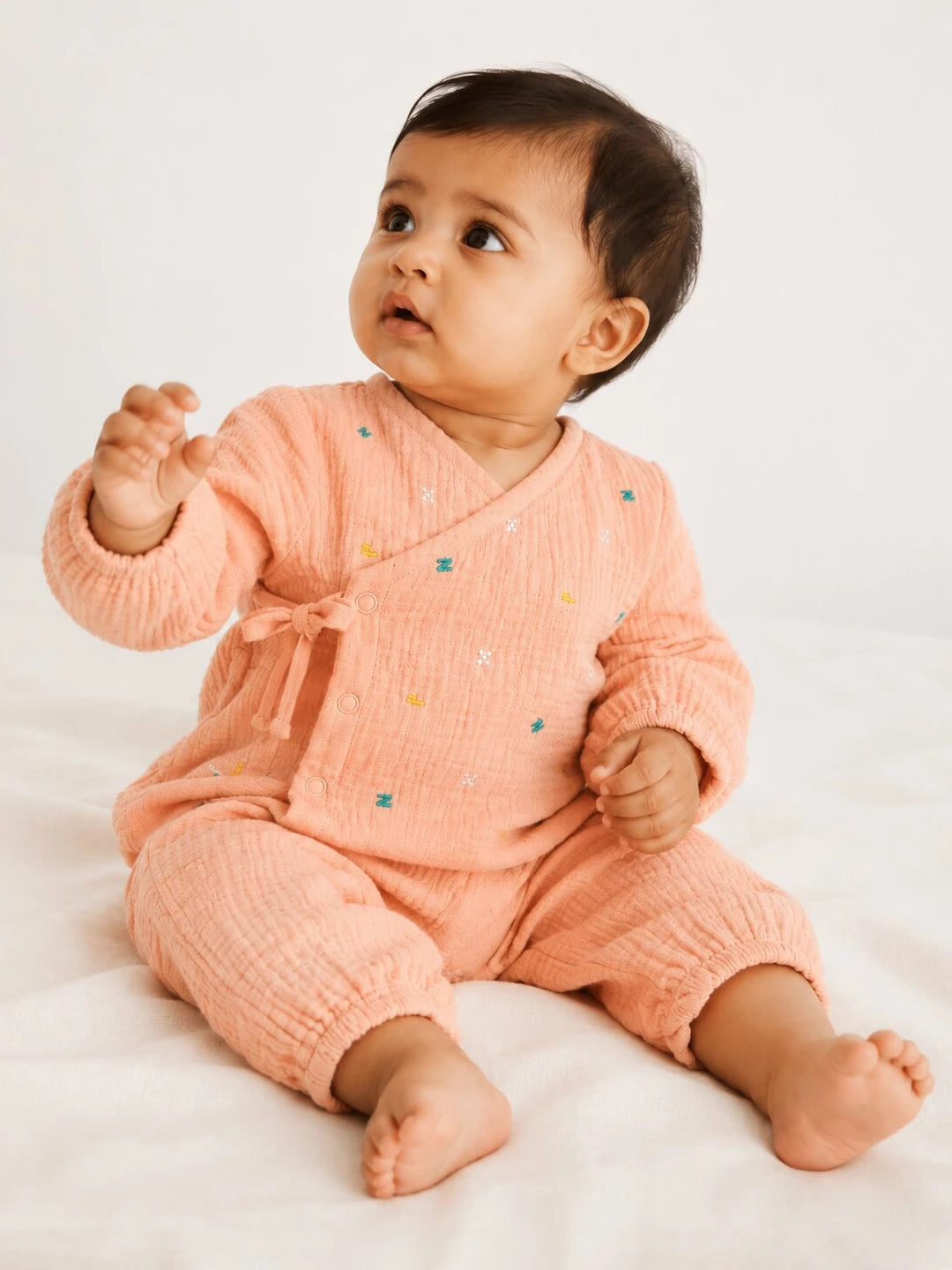 Embroidered Peach Muslin Jhabla Set