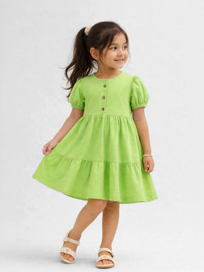 Lime Green Cotton Tiered Dress with Puff Sleeves