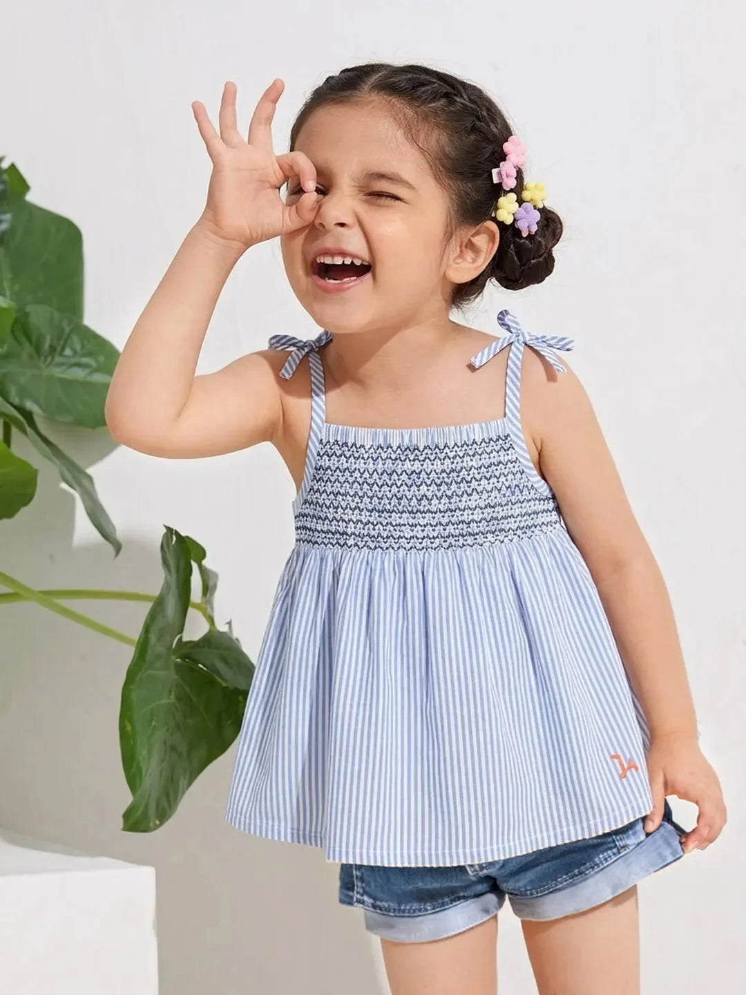 Striper Cotton Smocked Top