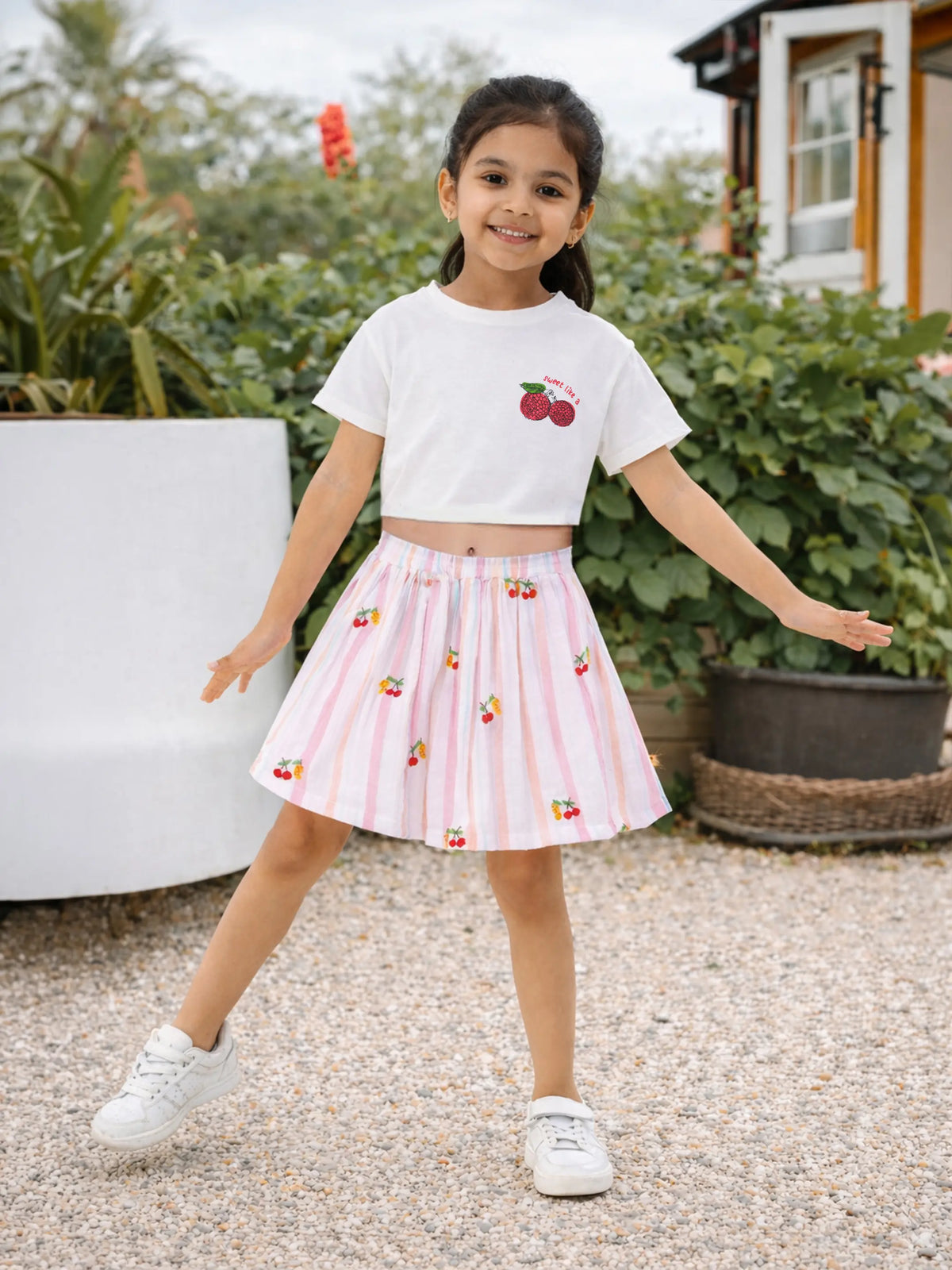 Printed T-Shirt & Stripe Skirt Set