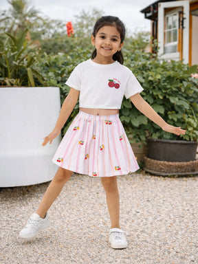 Cherry Print T-Shirt & Pastel Stripe Skirt Set for Girls