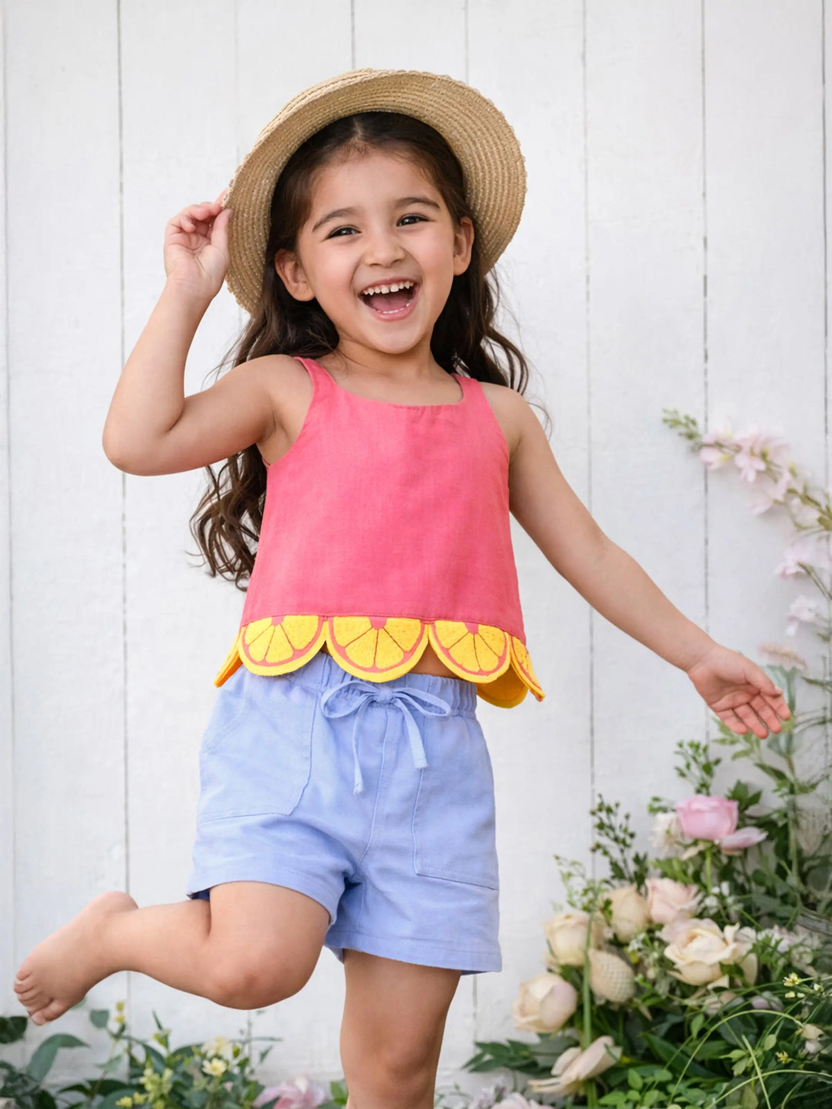 Pink Citrus Scallop Top & Paper Bag Shorts Set
