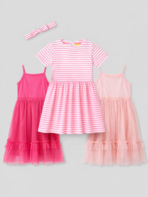 Pink Dress Set with Striped Dress & Tulle 3 Piece Set
