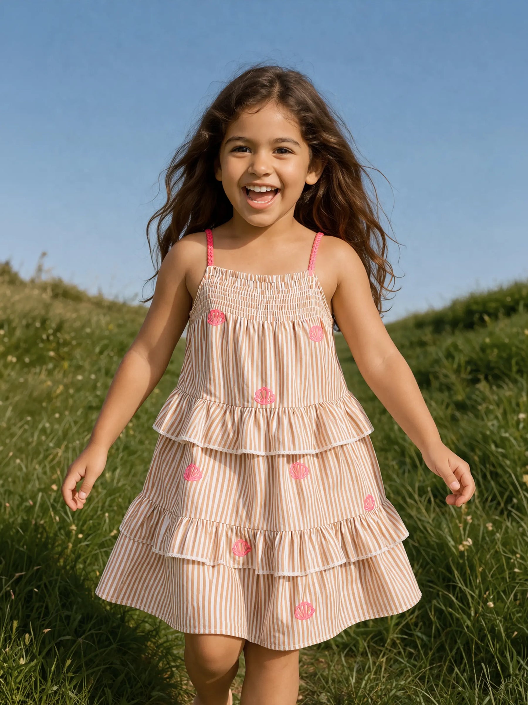 Peach Stripe Tiered Dress with Floral Embroidery