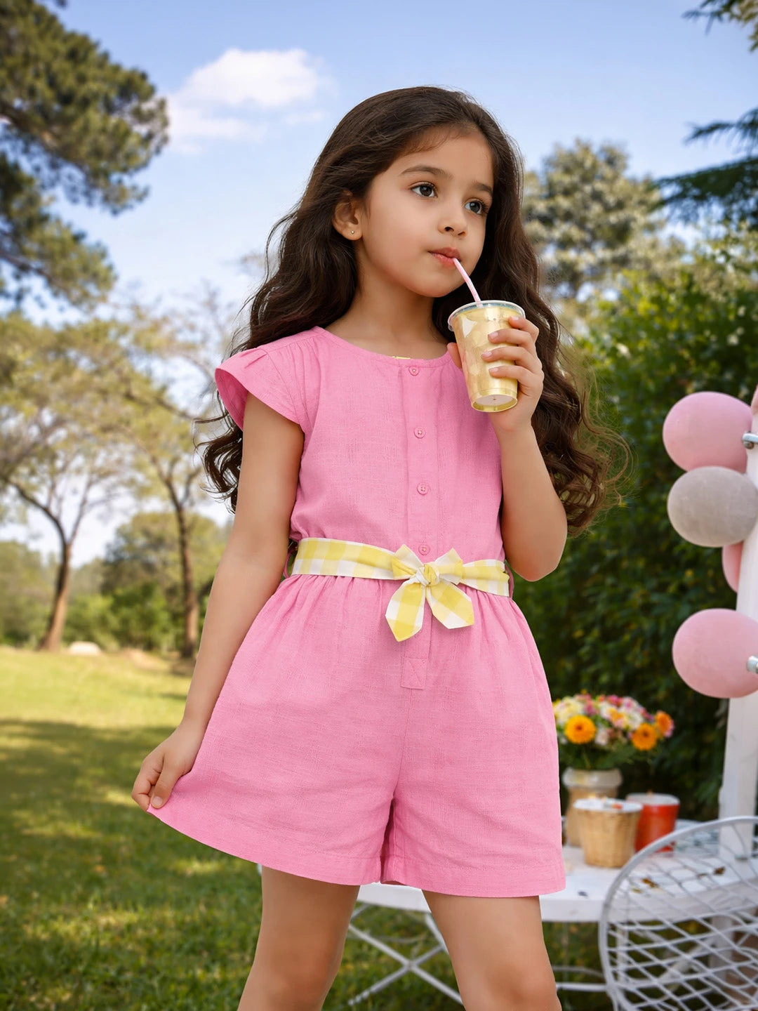 Pink Playsuit with Gingham Belt