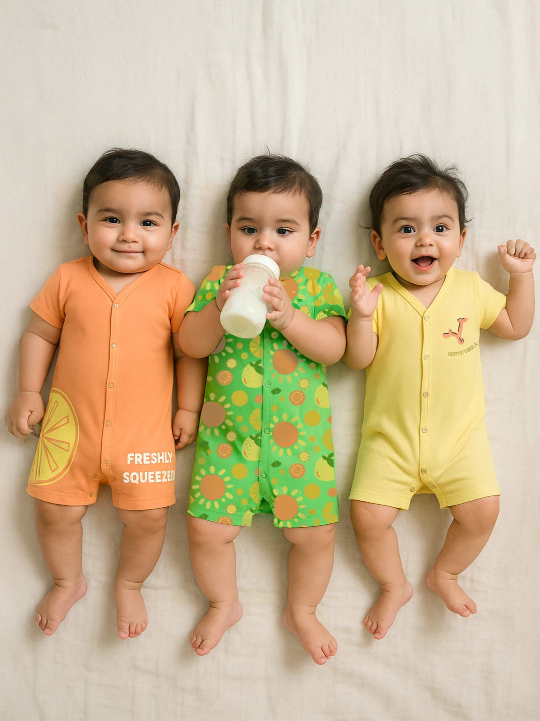 Freshly Squeezed Printed Cotton Romper- Pack of 3