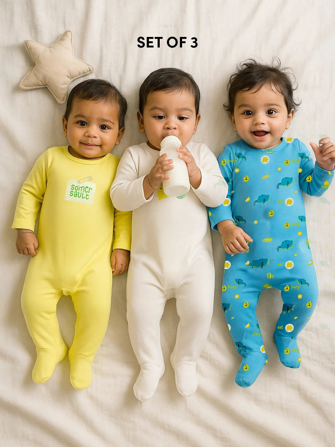 Squeeze Burp Repeat Printed Cotton Sleepsuit- Pack of 3