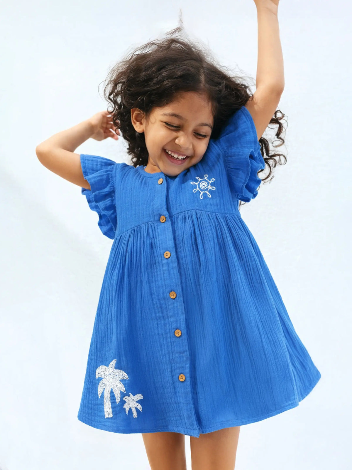 Girls’ Blue Palm Embroidered Flutter Sleeve Dress
